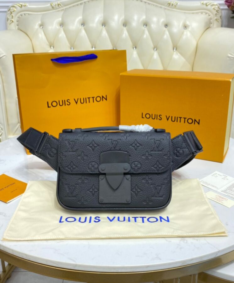LOUIS VUITTON S Lock Sling Bag Black Monogram Taurillon Leather M58487