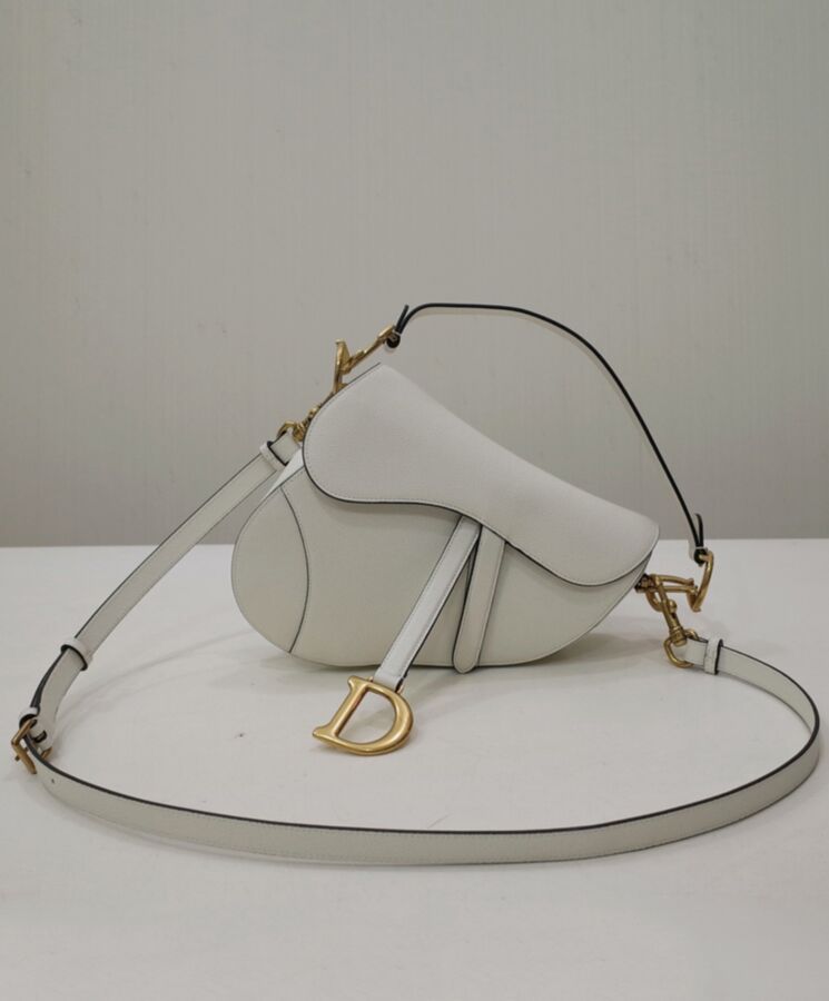 Dior Mini Saddle Bag In White Grained Calfskin GHW + Strap