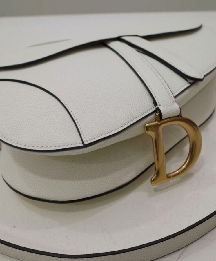 Dior Mini Saddle Bag In White Grained Calfskin GHW + Strap