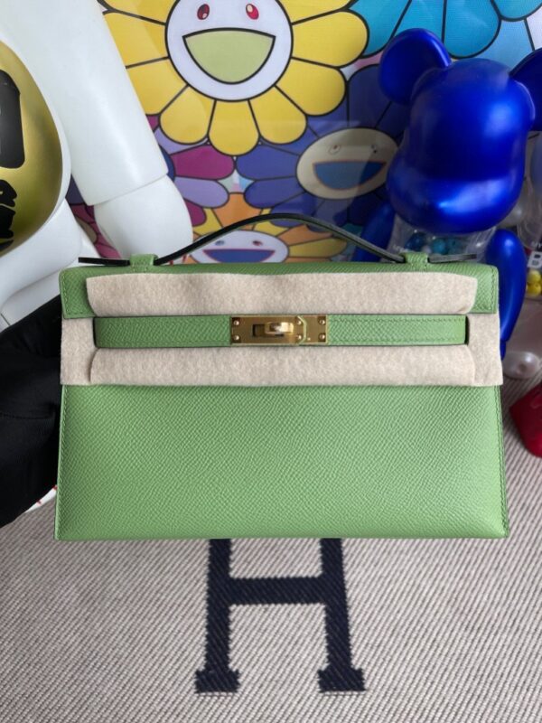 Hermes kelly pochette Epsom 3I Avocado green Gold Hardware 22cm Full Handmade