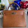 Hermes Kelly 32cm Porosus matt crocodile Golden brown Silver Hardware Full Handmade