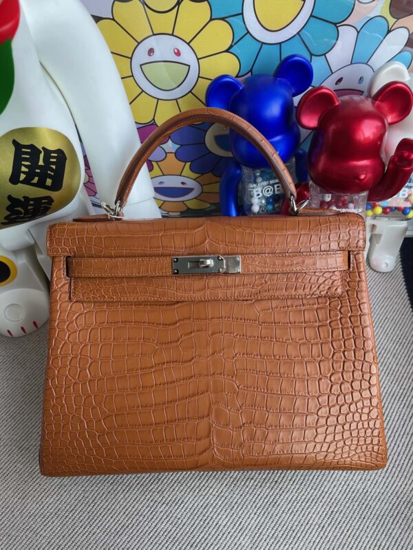 Hermes Kelly 32cm Porosus matt crocodile Golden brown Silver Hardware Full Handmade