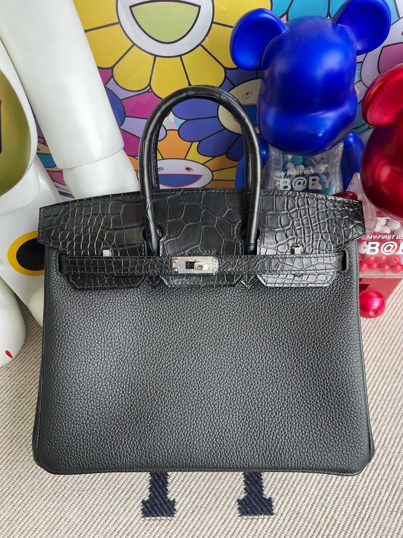 Hermes Birkin Touch 25 Black Togo Shiny Nilo Croc Handbag