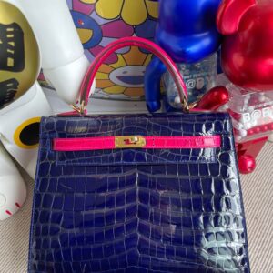 Hermes kelly Crocodile shiny 7T Blue & J5 Rose red Gold Hardware 25cm Full Handmade