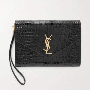 SAINT LAURENT Glossed croc-effect leather clutch