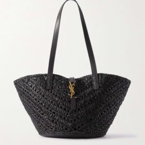 SAINT LAURENT Panier leather-trimmed raffia tote