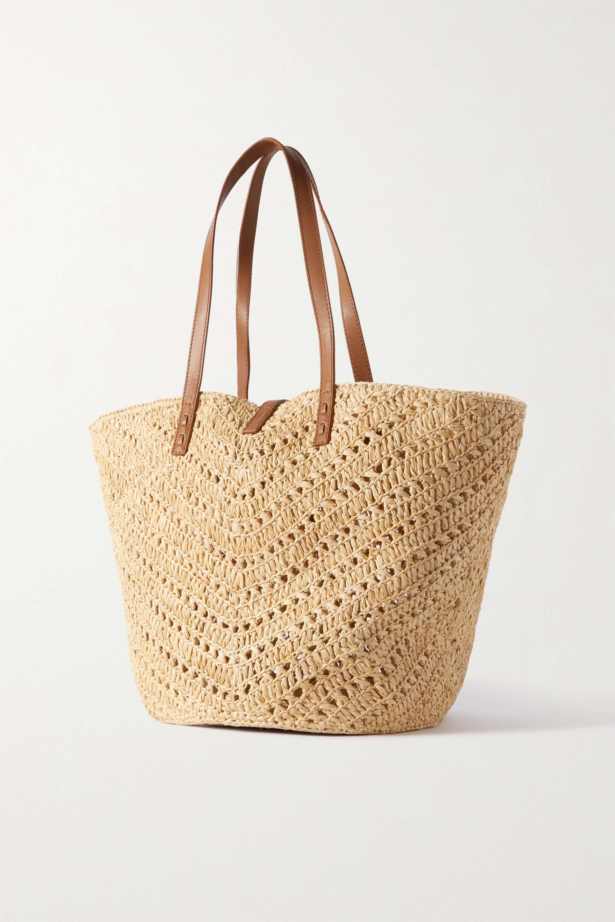 SAINT LAURENT Panier medium leather-trimmed raffia tote bag