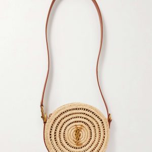 SAINT LAURENT Cassandre Round leather-trimmed raffia shoulder bag