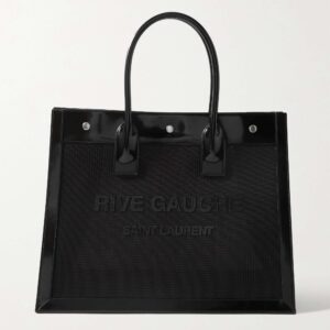 SAINT LAURENT Rive Gauche glossed-leather and appliquéd mesh tote