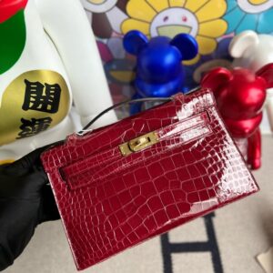 Hermes Mini kelly pochette Alligator shiny ck55 Rouge H Gold Hardware 22cm Full Handmade