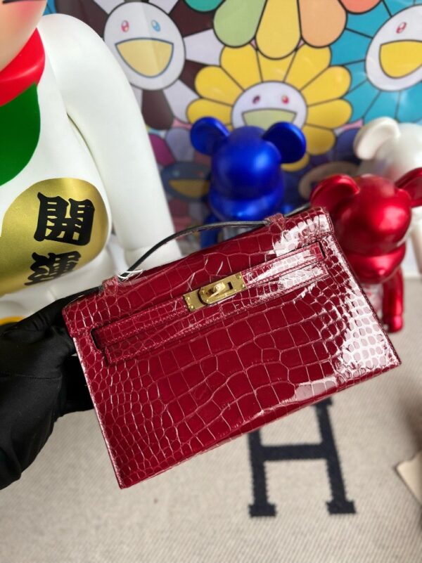 Hermes Mini kelly pochette Alligator shiny ck55 Rouge H Gold Hardware 22cm Full Handmade