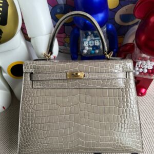 Hermes Kelly Porosus shiny ck81 Gris T Gold Hardware 25cm Full Handmade