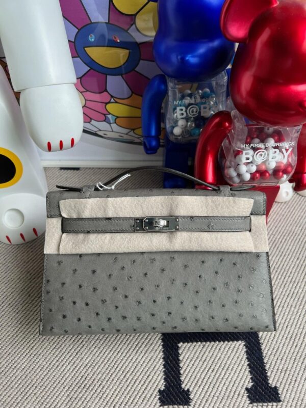 Hermes Mini pochette Ostrich kk 8F Etain Silver Hardware 22cm Full Handmade