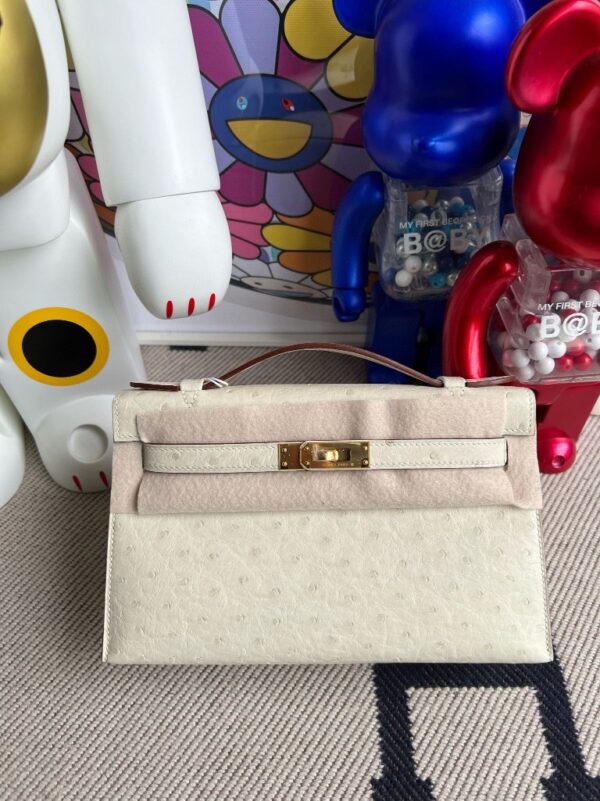 Hermes Mini pochette Ostrich kk 3C White wool Gold Hardware 22cm Full Handmade