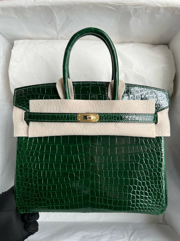 Hermes Birkin Bag 25cm Vert Fonce Crocodile Gold Hardware