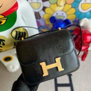 Hermes Constance Lzard Shiny Black Silver Hardware 18cm Full Handmade -  lushenticbags