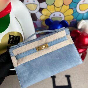 Hermes Mini pochette chamois Light Blue Gold Hardware 22cm Full Handmade