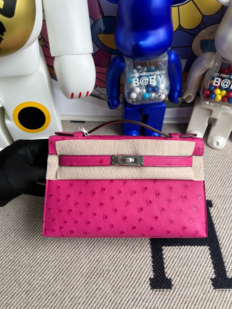 Hermes Mini pochette Ostrich KK peach Pink Silver Hardware 22cm Full  Handmade - lushenticbags