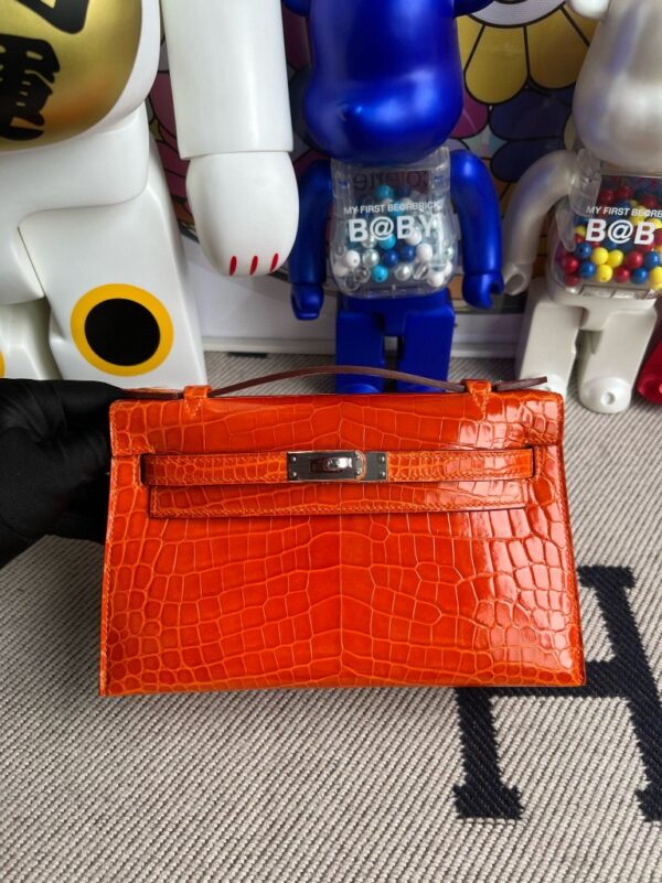 Hermes Mini pochette Alligator shiny orange Silver Hardware 22cm Full Handmade