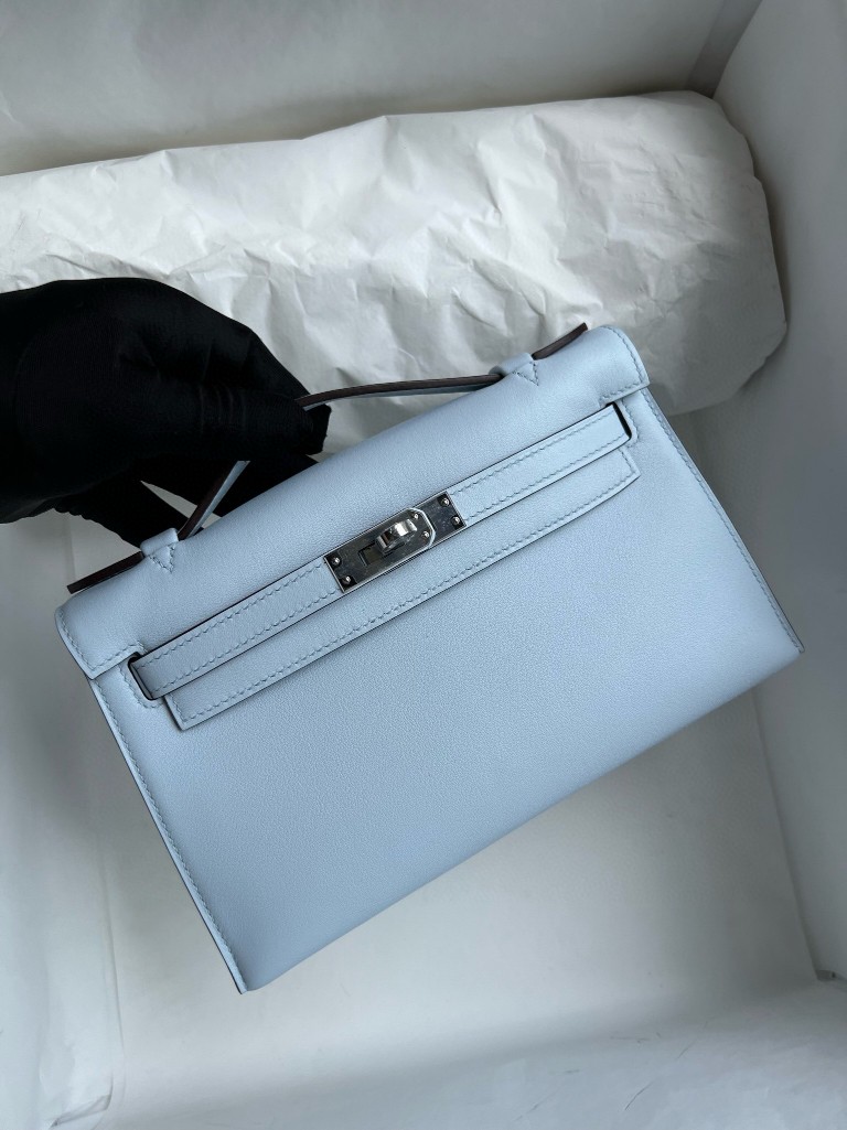 Hermes Mini pochette Swift blue fog Silver Hardware 22cm Full Handmade -  lushenticbags