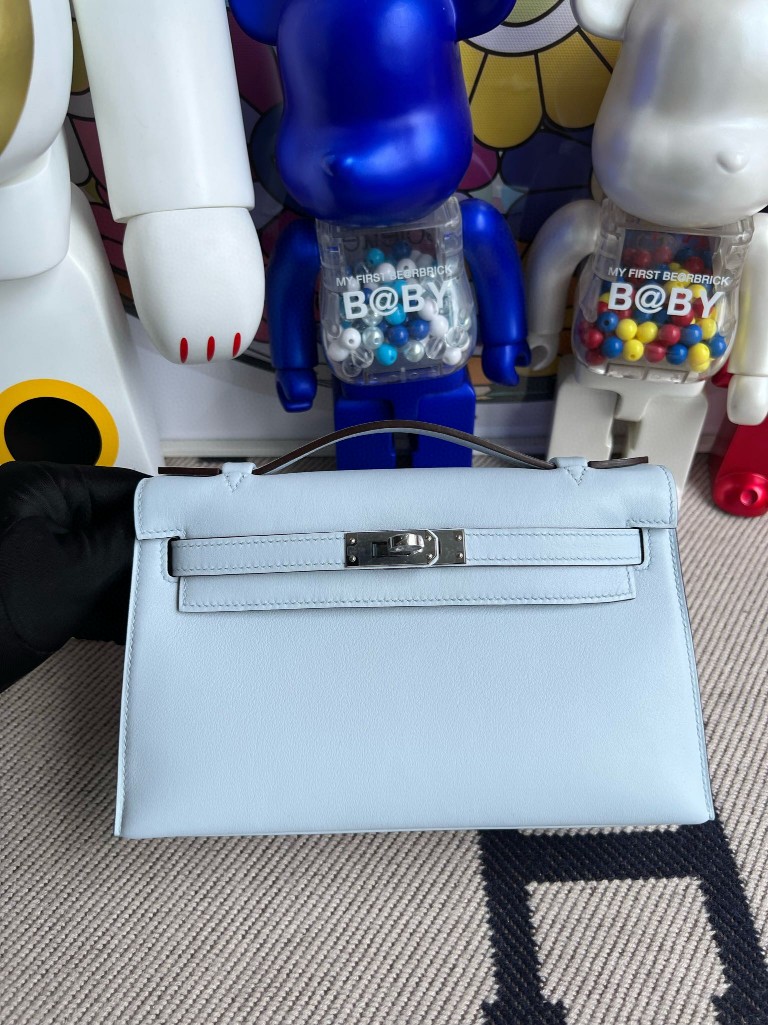 Hermes Mini pochette Swift blue fog Silver Hardware 22cm Full Handmade -  lushenticbags