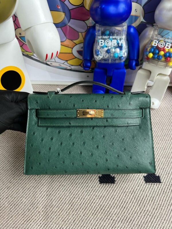 Hermes Mini kelly pochette Ostrich Z6 Malachite Green Gold Hardware 22m Full Handmade