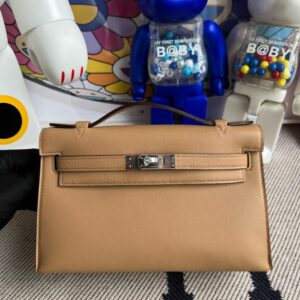 Hermes Mini kelly pochette Swift Light Coffee Silver Hardware 22m Full Handmade