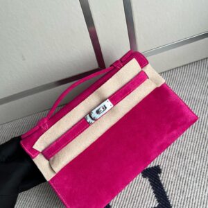 Hermes Mini pochette chamois Rose Pink Silver Hardware PHW 22cm Full Handmade