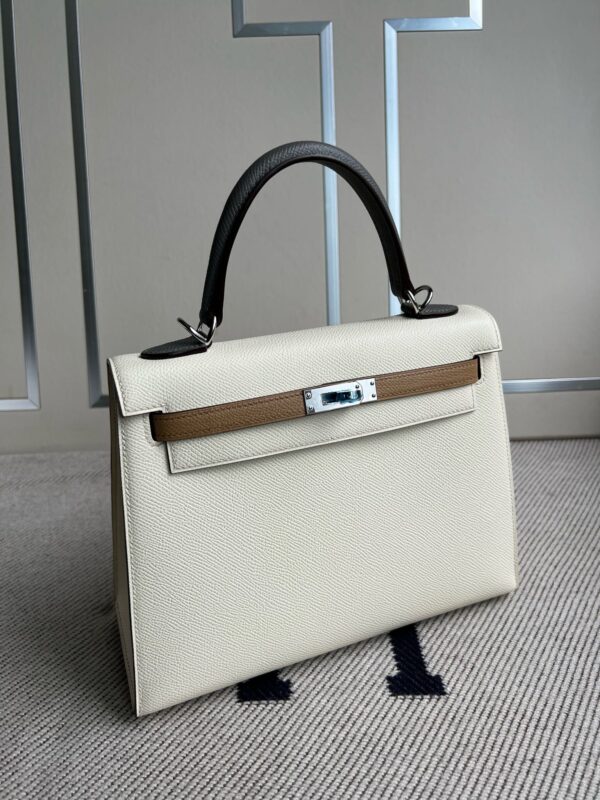 Hermes Kelly Epsom Creamy white & Tea color & Grey Silver Hardware PHW 25cm Full Handmade