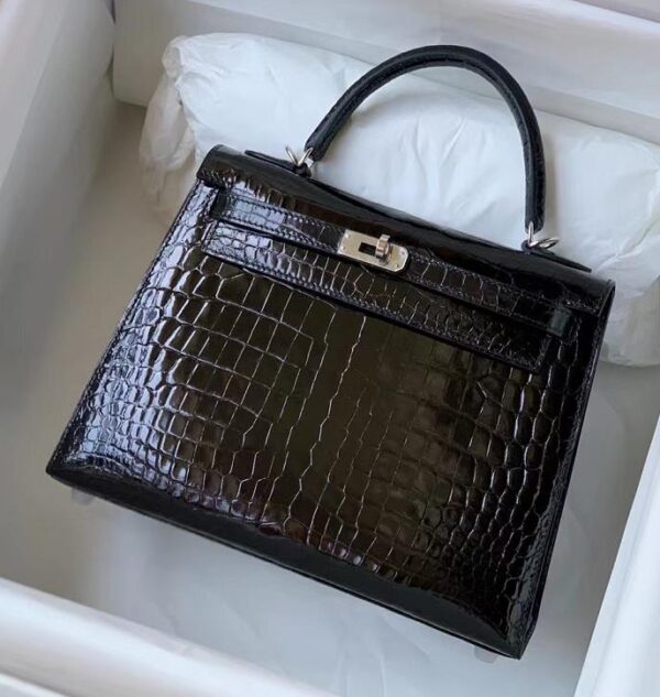 Hermes Kelly Alligator Shiny Black Silver Hardware 25cm Full Handmade