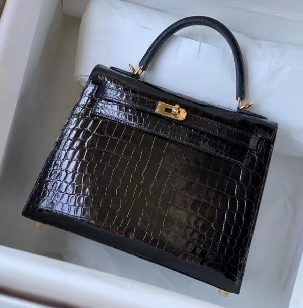 Hermes Kelly Alligator Shiny Black Gold Hardware 25cm Full Handmade