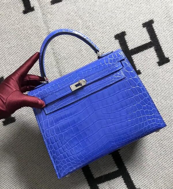 Hermes Kelly Alligator Shiny Bright blue Silver Hardware 25cm Full Handmade