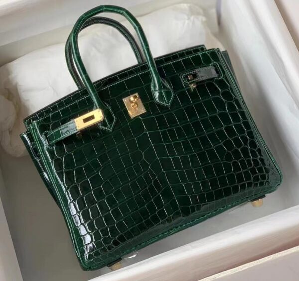 Hermes Birkin crocodile Shiny Dark green Silver Hardware 25cm Full Handmade  - lushenticbags