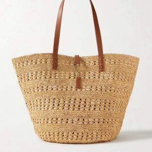 SAINT LAURENT Panier medium leather-trimmed raffia tote