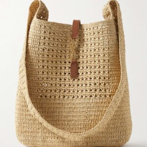 SAINT LAURENT Leather-trimmed raffia shoulder bag