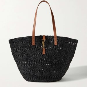 SAINT LAURENT Panier medium leather-trimmed raffia tote