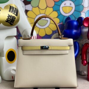 Hermes Kelly 25cm Epsom Craie & Sesame yellow & Lemon yellow Silver Hardware Full Handmade