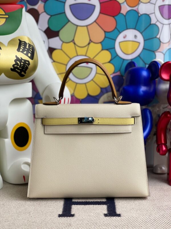 Hermes Kelly 25cm Epsom Craie & Sesame yellow & Lemon yellow Silver Hardware Full Handmade