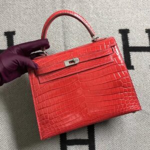 Hermes Kelly Alligator Shiny Ferrari red Silver Hardware 25cm Full Handmade