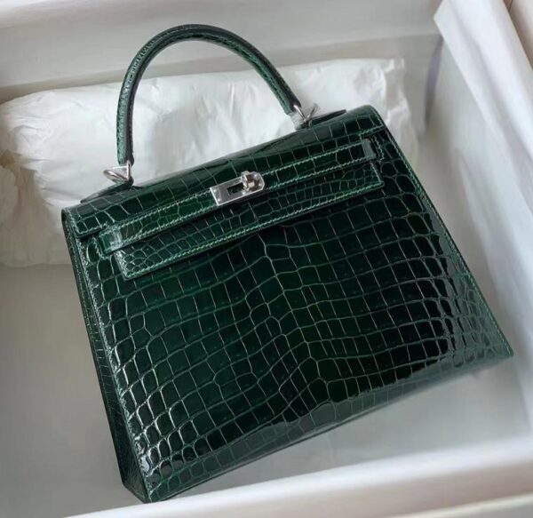 Hermes Kelly crocodile Shiny Dark green Silver Hardware 25cm Full Handmade