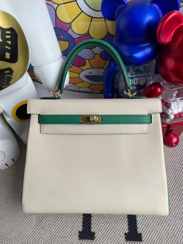 Hermes kelly Hss Evercolor Ck10 Craie & U4 Vert Vertigo Gold Hardware 25cm Full Handmade