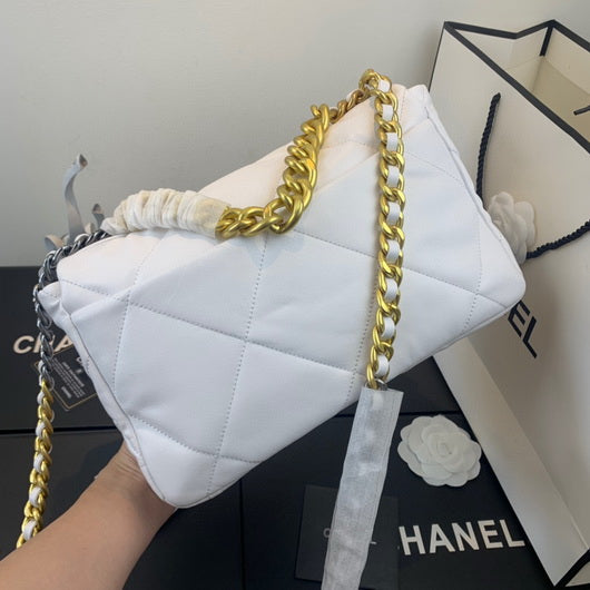 Chanel 19 Large Handbag Lambskin Gold AS1161 White - lushenticbags