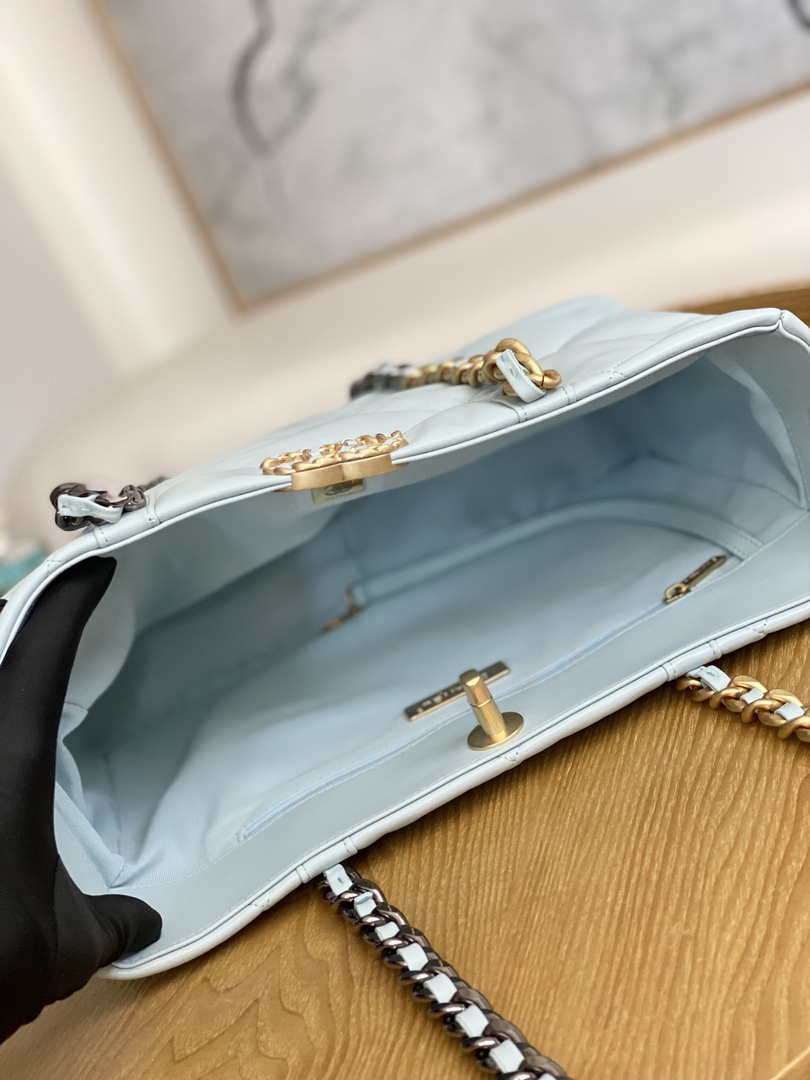 Chanel 19 Shopping Bag Shiny Lambskin AS3660 Gold-Tone Silver-Tone &  Ruthenium-Finish Metal Light Blue - lushenticbags