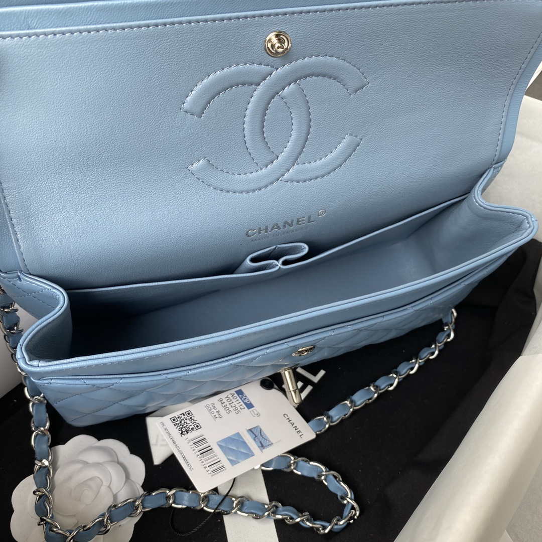 Chanel A01112 Flap Handbag Classic Bag Lambskin Sky Blue Silver -  lushenticbags