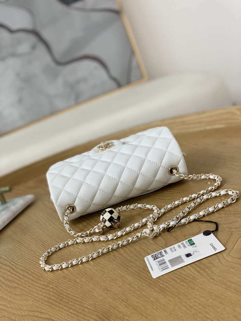 Chanel A01113 Flap Handbag Classic Bag White Lambskin Gold With Ball -  lushenticbags