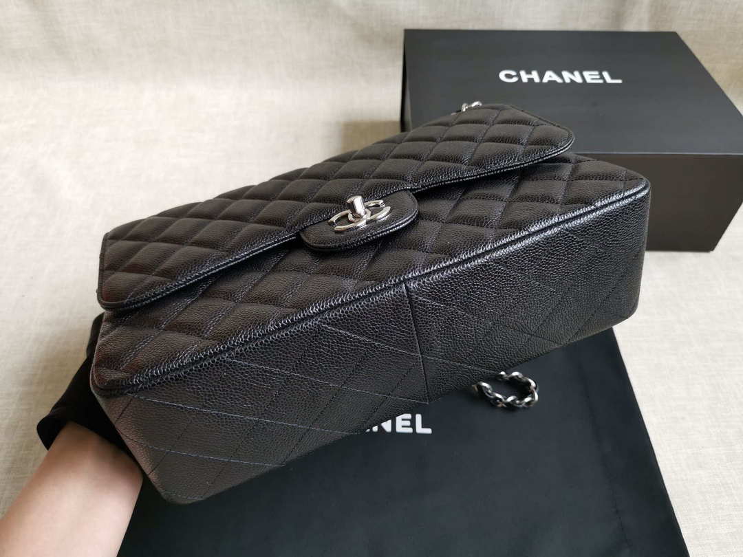 Chanel A58600 Large Classic Handbag Grained shiny Calfskin Black Sliver -  lushenticbags