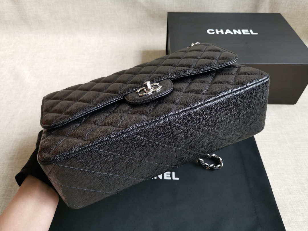 CHANEL A58600 CLASSIC BLACK CAVIAR LEATHER JUMBO SHOULDER HANDBAG