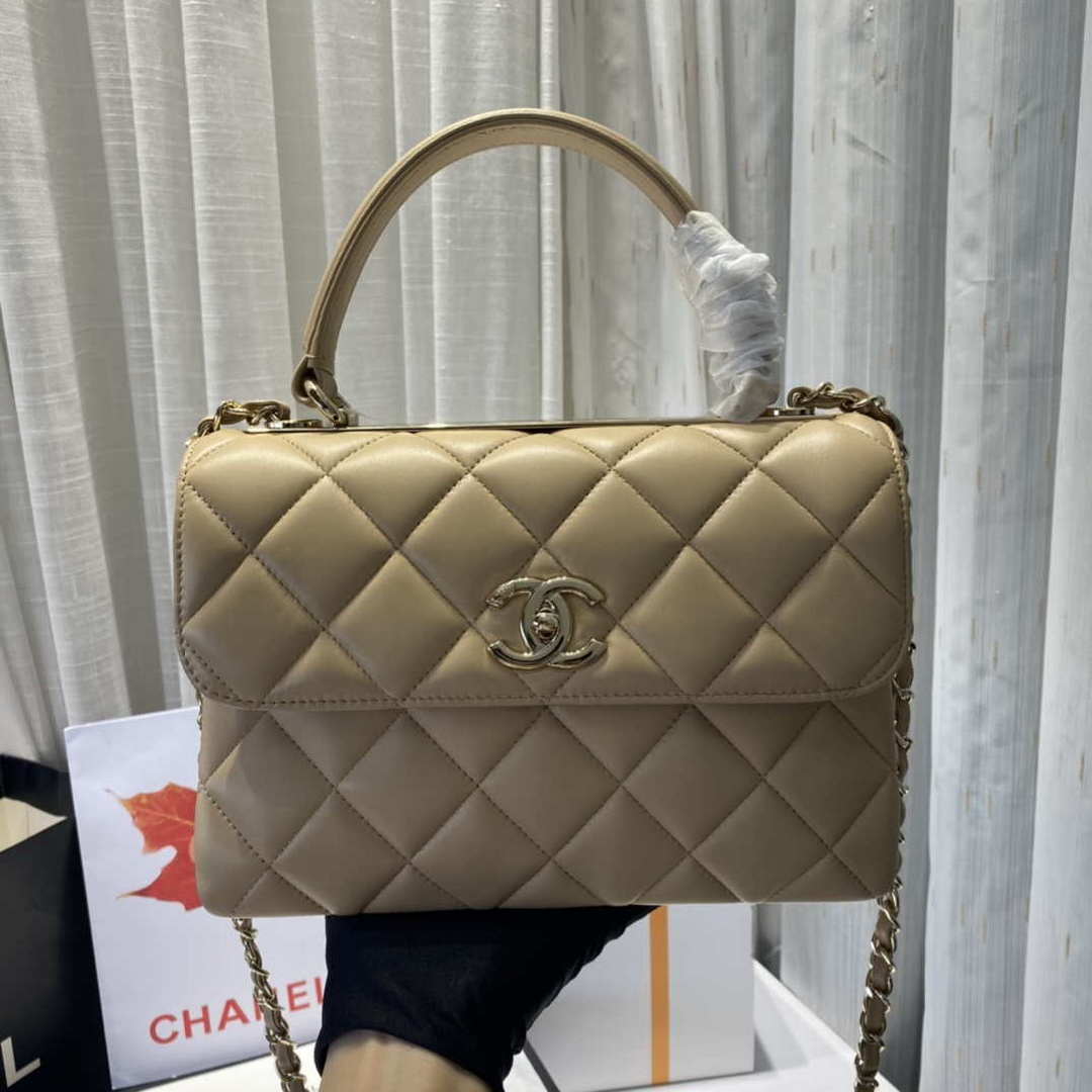 Chanel A92236 Flap Bag With Top Handle Lambskin & Gold-Tone Metal Apricot -  lushenticbags