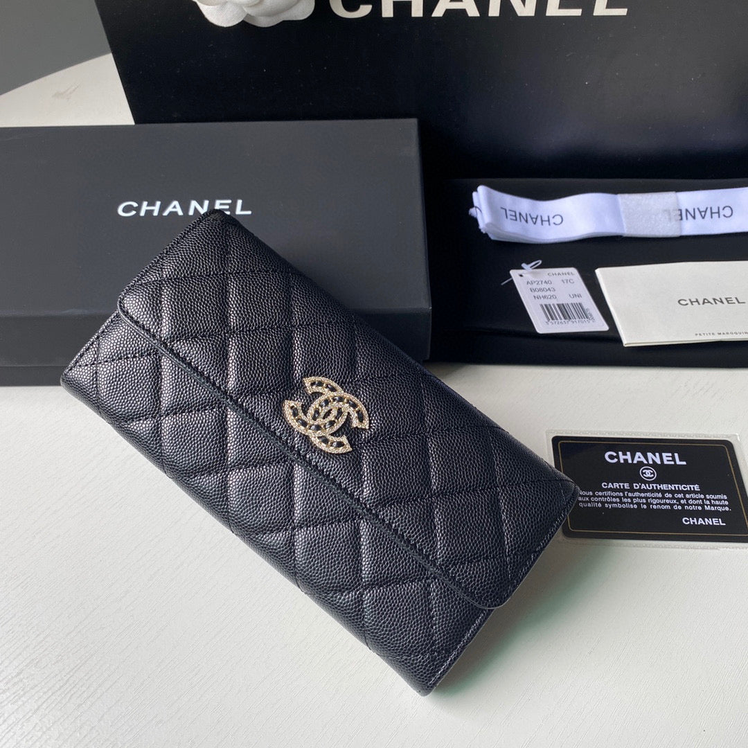 Chanel Long Flap Wallet Grained shiny calfskin AP2740 Black - lushenticbags