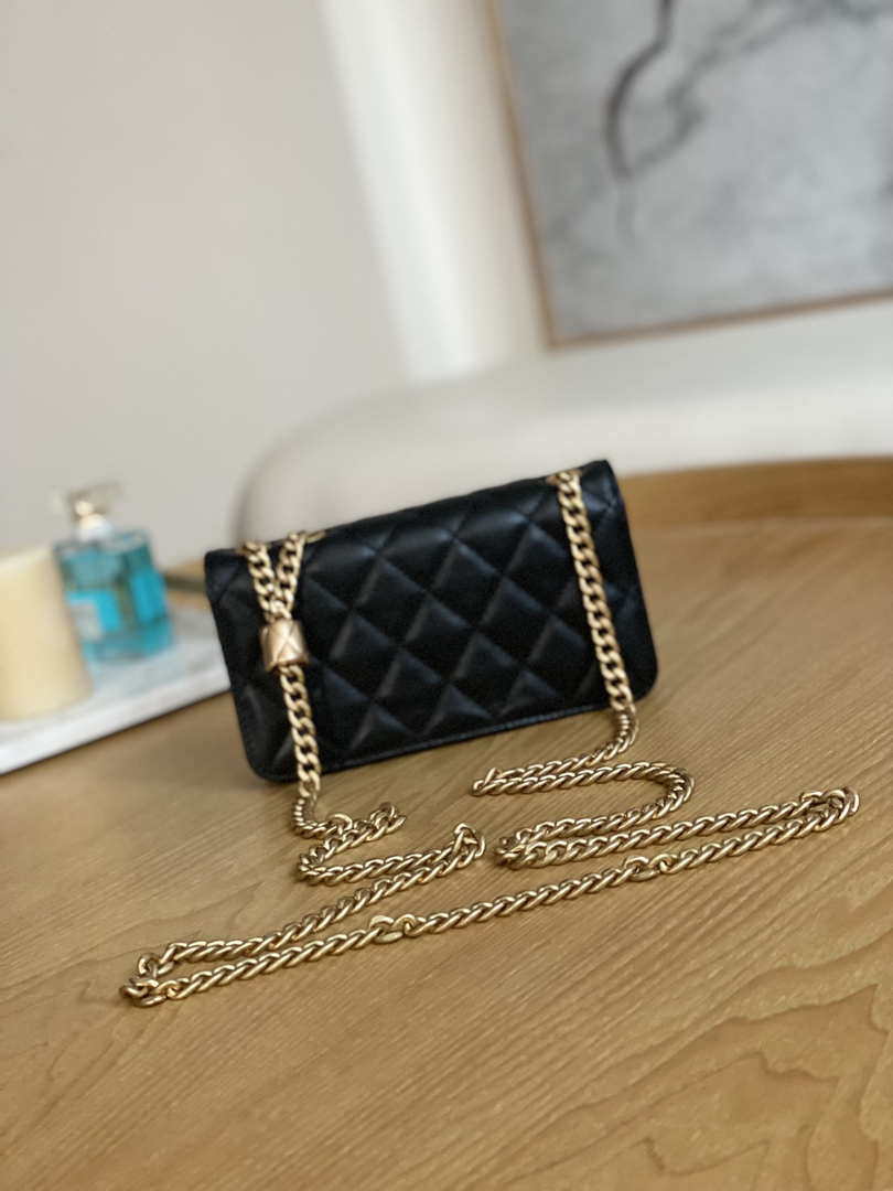 Chanel AP3047 FLAP Phone Holder With Chain Black Lambskin